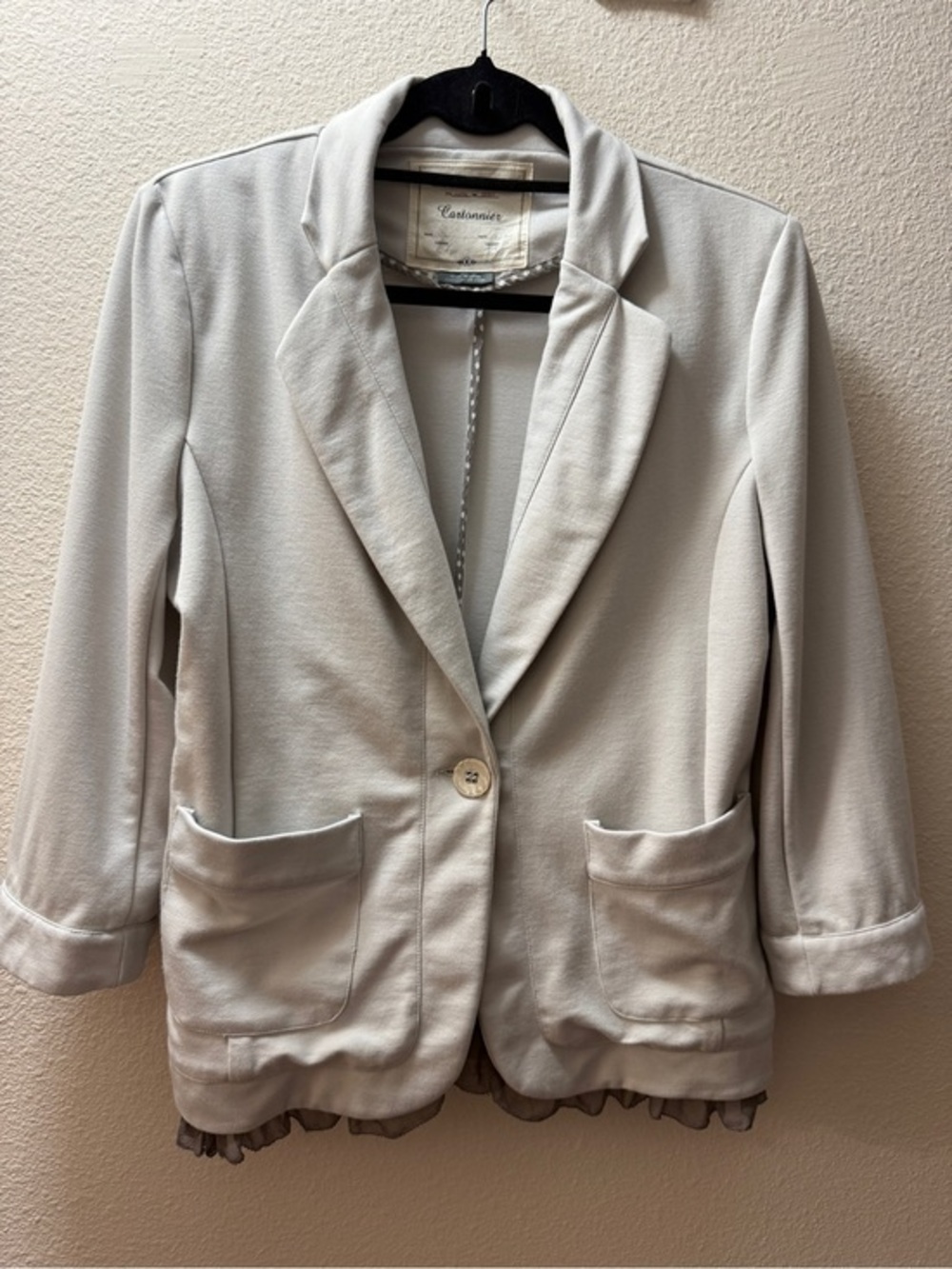 Cartonnier Anthropologie Blazer Jacket Women M Grey Knit Peplum Ruffle Boho Chic